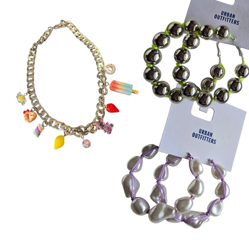 Urban Outfitters, Set of 3,Sweet Tooth Charm Bracelet & 2 Hoop Earrings- NEW!